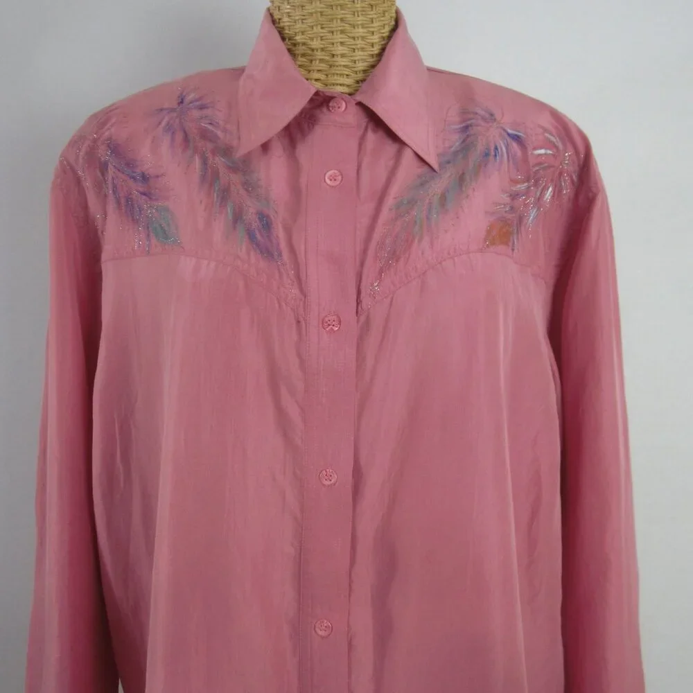 Vtg Wanted Women M Mauve Pink Painted Metallic LS Silk Western Cowboy Shirt - Picture 8 of 14